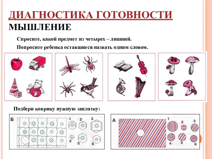 ДИАГНОСТИКА ГОТОВНОСТИ МЫШЛЕНИЕ Спросите, какой предмет из четырех – лишний.