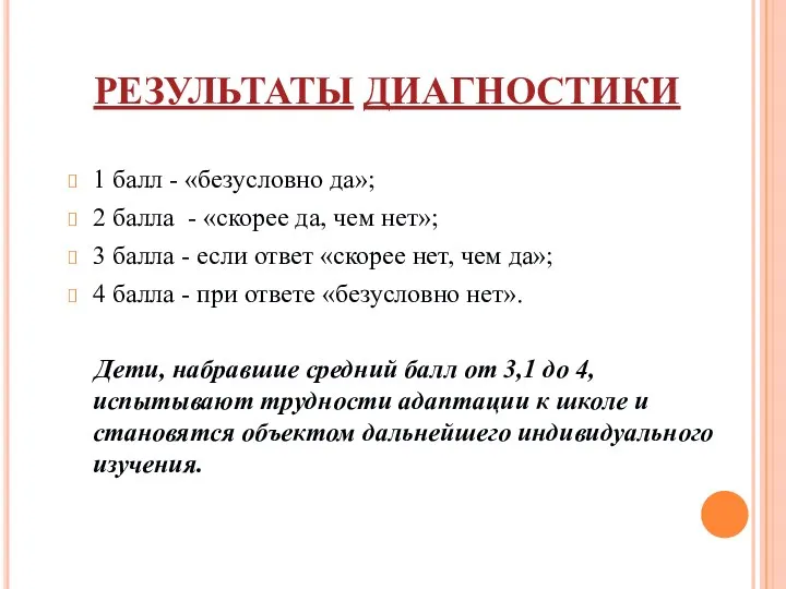 РЕЗУЛЬТАТЫ ДИАГНОСТИКИ 1 балл - «безусловно да»; 2 балла -