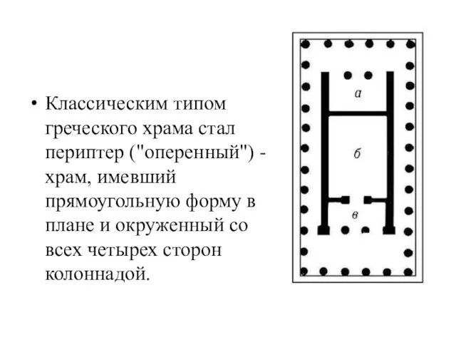 Классическим типом греческого храма стал периптер ("оперенный") - храм, имевший