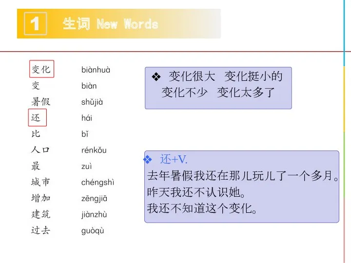 生词 New Words 1 变化很大 变化挺小的 变化不少 变化太多了 还+V. 去年暑假我还在那儿玩儿了一个多月。 昨天我还不认识她。 我还不知道这个变化。