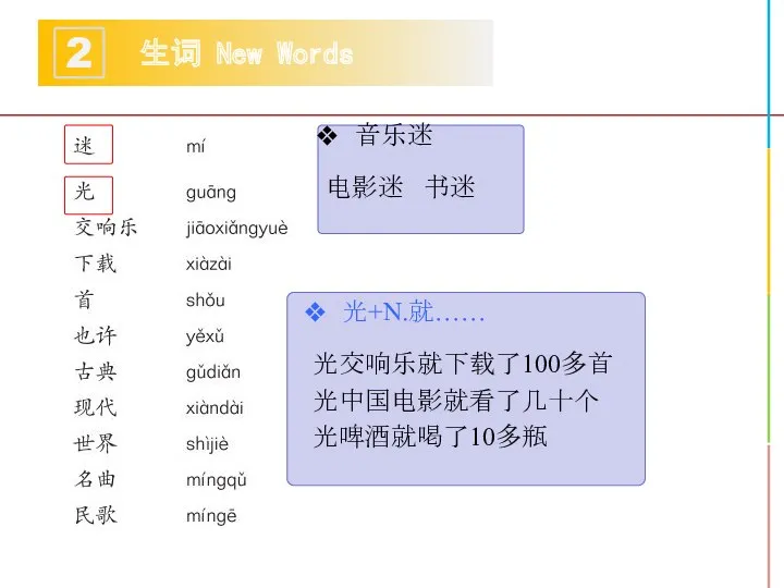 生词 New Words 2 音乐迷 电影迷 书迷 光+N.就…… 光交响乐就下载了100多首 光中国电影就看了几十个 光啤酒就喝了10多瓶