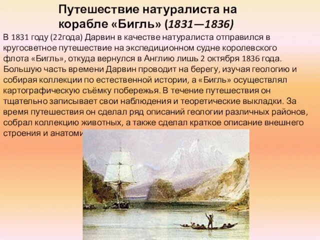 Путешествие натуралиста на корабле «Бигль» (1831—1836) В 1831 году (22года) Дарвин в качестве