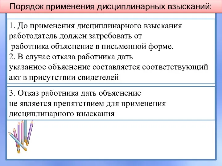 Порядок применения дисциплинарных взысканий: 1. До применения дисциплинарного взыскания работодатель должен затребовать от