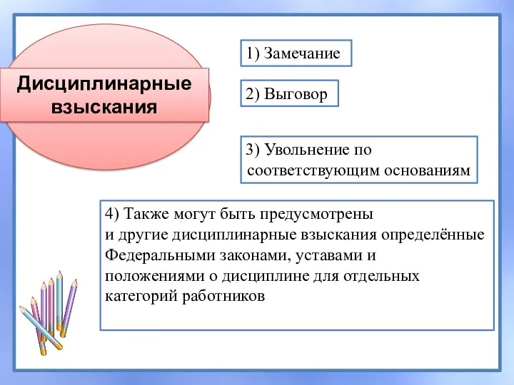 1) Замечание 2) Выговор 3) Увольнение по соответствующим основаниям 4) Также могут быть