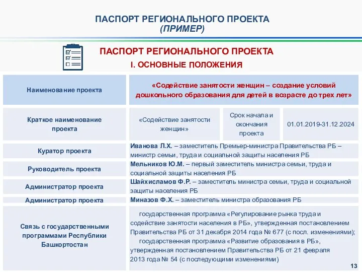 ПАСПОРТ РЕГИОНАЛЬНОГО ПРОЕКТА (ПРИМЕР) ПАСПОРТ РЕГИОНАЛЬНОГО ПРОЕКТА I. ОСНОВНЫЕ ПОЛОЖЕНИЯ