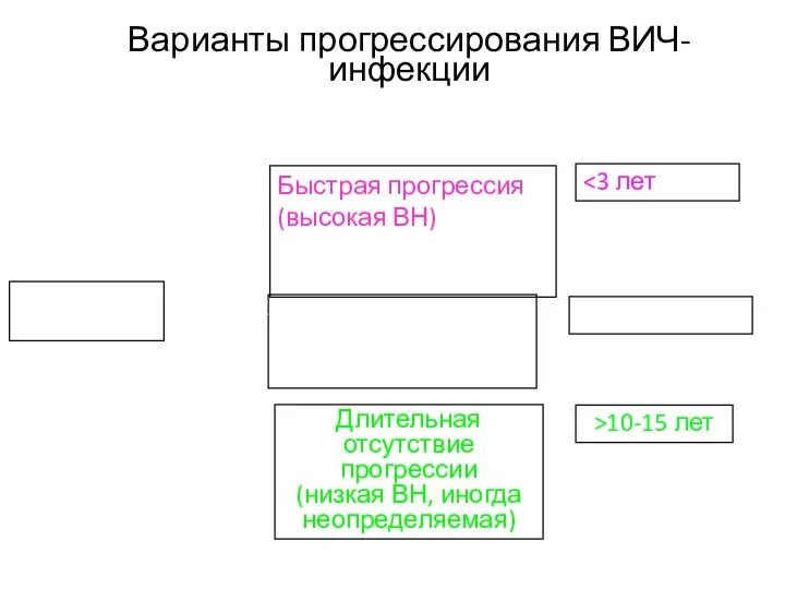 Варианты прогрессирования ВИЧ-инфекции ВИЧ инфекция Длительная отсутствие прогрессии (низкая ВН, иногда неопределяемая) Типичная