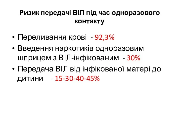 Ризик передачі ВІЛ під час одноразового контакту Переливання крові - 92,3% Введення наркотиків