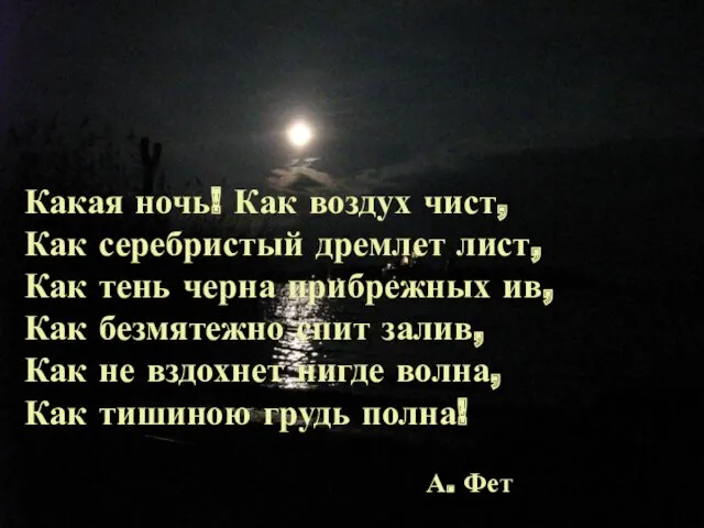 Какая ночь! Как воздух чист, Как серебристый дремлет лист, Как