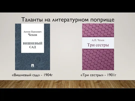 Таланты на литературном поприще «Вишневый сад» - 1904г «Три сестры» - 1901г