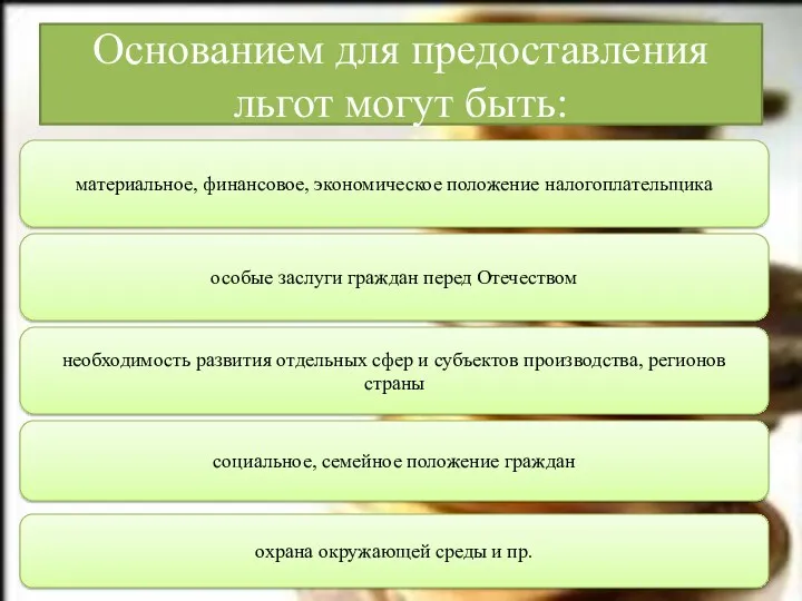 Основанием для предоставления льгот могут быть: материальное, финансовое, экономическое положение