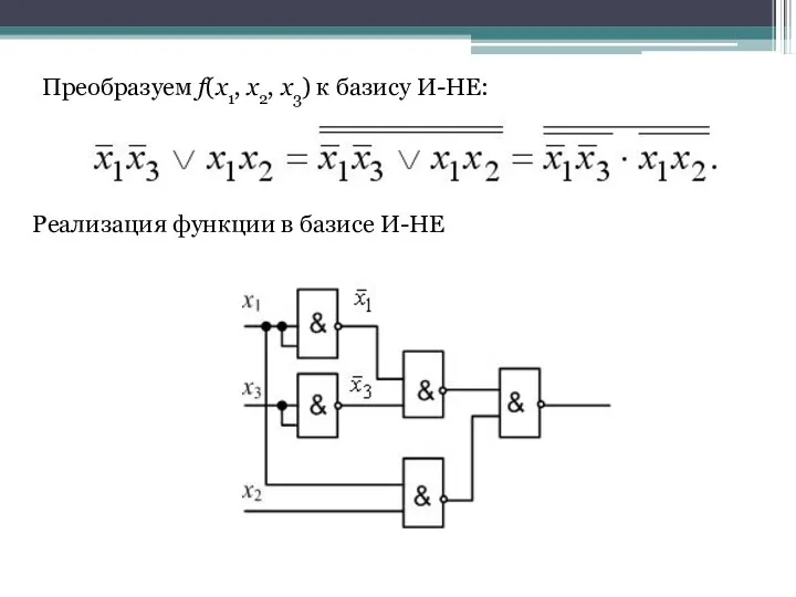 Преобразуем f(x1, x2, x3) к базису И-НЕ: Реализация функции в базисе И-НЕ