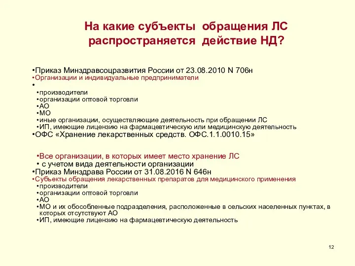 На какие субъекты обращения ЛС распространяется действие НД? Приказ Минздравсоцразвития России от 23.08.2010