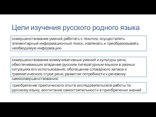 Цели изучения русского родного языка совершенствование умений работать с текстом, осуществлять элементарный информационный