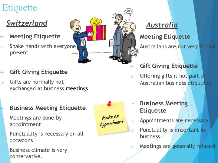 Etiquette Switzerland Meeting Etiquette Shake hands with everyone present Gift
