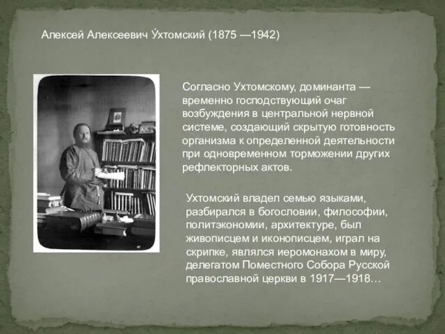 Алексей Алексеевич У́хтомский (1875 —1942) Согласно Ухтомскому, доминанта — временно господствующий очаг возбуждения