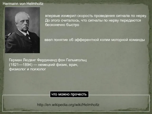 Hermann von Helmholtz впервые измерил скорость проведения сигнала по нерву. До этого считалось,