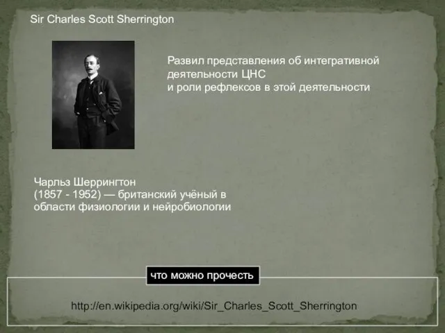 http://en.wikipedia.org/wiki/Sir_Charles_Scott_Sherrington Sir Charles Scott Sherrington Развил представления об интегративной деятельности ЦНС и роли