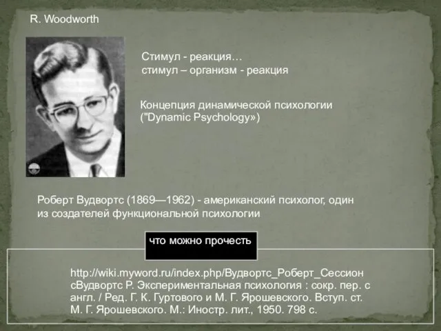 http://wiki.myword.ru/index.php/Вудвортс_Роберт_СессионсВудвортс Р. Экспериментальная психология : сокр. пер. с англ. / Ред. Г. К.