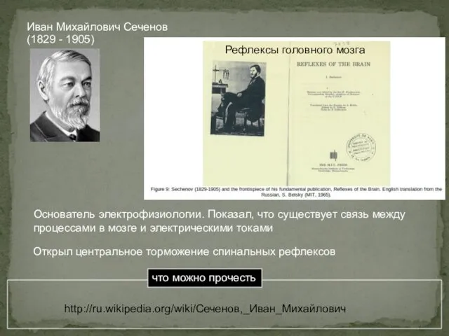 Иван Михайлович Сеченов (1829 - 1905) Основатель электрофизиологии. Показал, что существует связь между