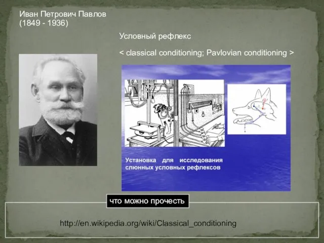 http://en.wikipedia.org/wiki/Classical_conditioning Иван Петрович Павлов (1849 - 1936) Условный рефлекс