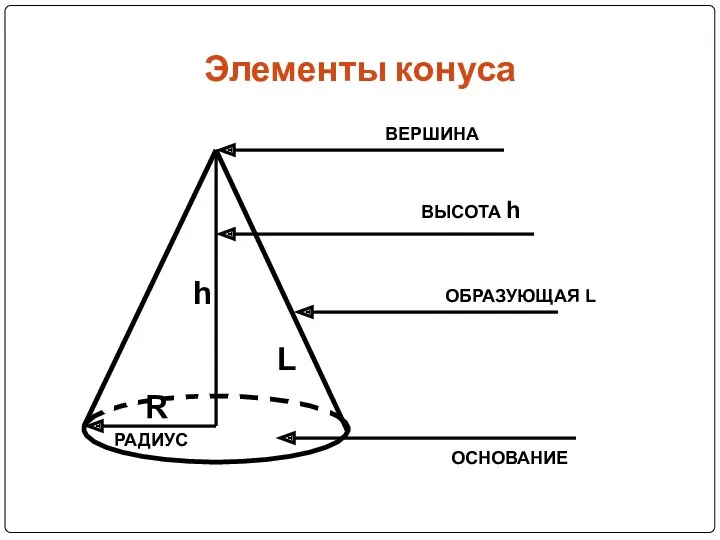 Элементы конуса ОСНОВАНИЕ ВЕРШИНА ВЫСОТА h R РАДИУС ОБРАЗУЮЩАЯ L L h