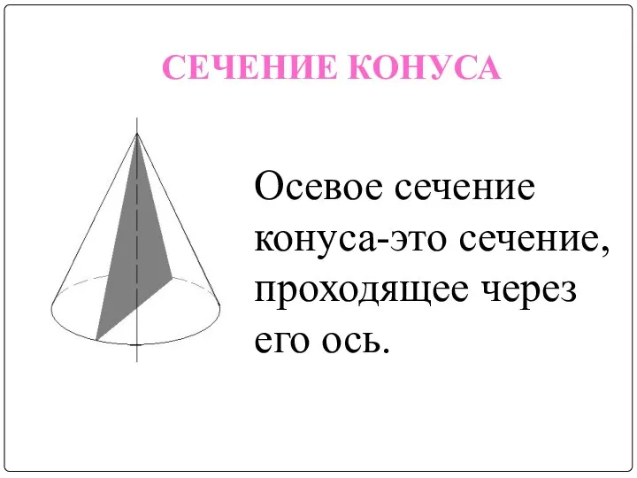 СЕЧЕНИЕ КОНУСА Осевое сечение конуса-это сечение, проходящее через его ось.