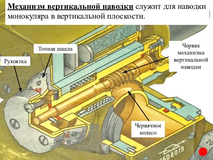 Червяк механизма вертикальной наводки Червячное колесо Рукоятка Точная шкала Механизм