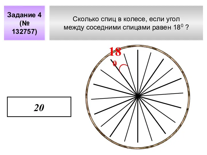 Сколько спиц в колесе, если угол между соседними спицами равен 180 ? Задание