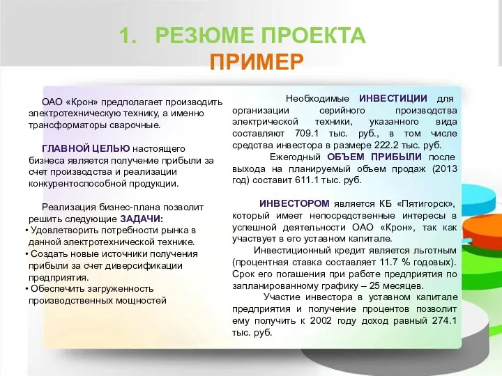 РЕЗЮМЕ ПРОЕКТА ПРИМЕР ОАО «Крон» предполагает производить электротехническую технику, а