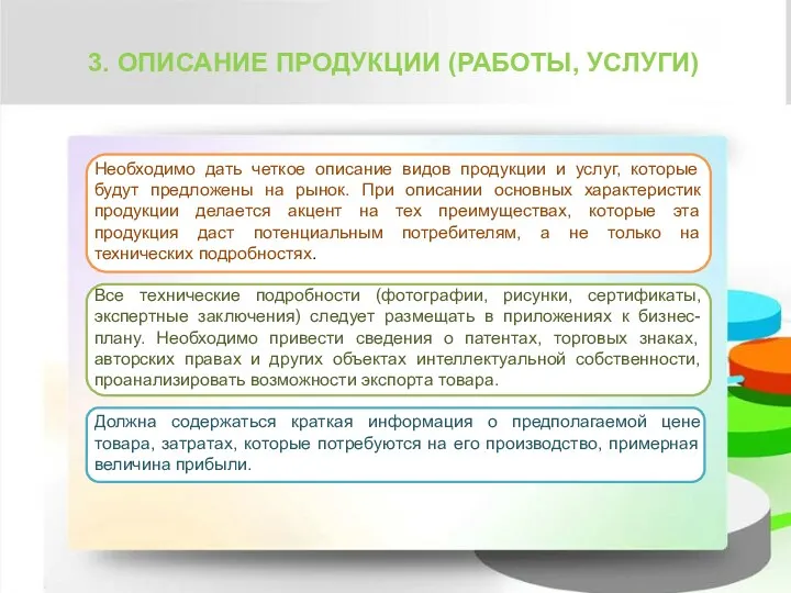 Необходимо дать четкое описание видов продукции и услуг, которые будут