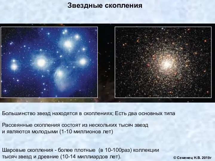 Звездные скопления Большинство звезд находятся в скоплениях; Есть два основных