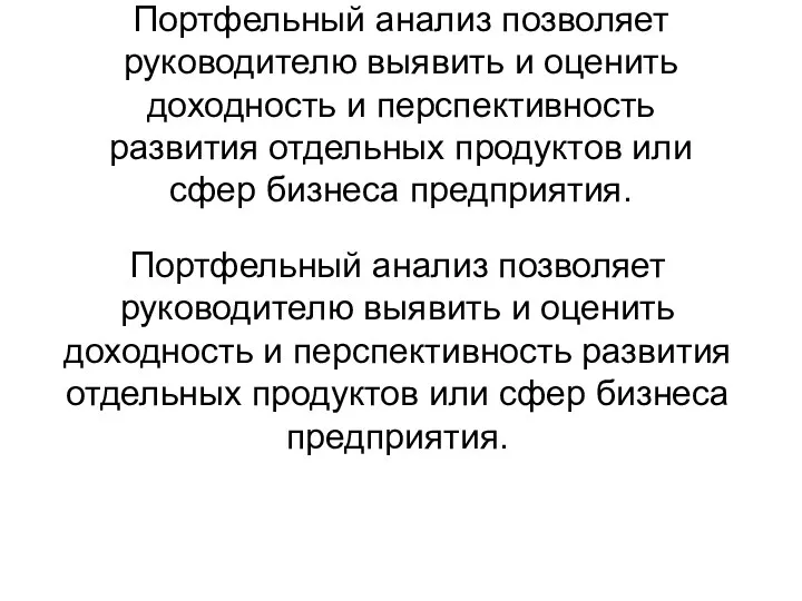 Портфельный анализ позволяет руководителю выявить и оценить доходность и перспективность развития отдельных продуктов