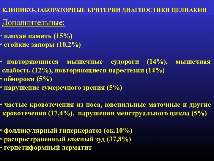 КЛИНИКО-ЛАБОРАТОРНЫЕ КРИТЕРИИ ДИАГНОСТИКИ ЦЕЛИАКИИ Дополнительные: плохая память (15%)‏ стойкие запоры