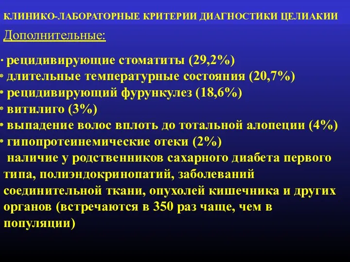 КЛИНИКО-ЛАБОРАТОРНЫЕ КРИТЕРИИ ДИАГНОСТИКИ ЦЕЛИАКИИ Дополнительные: рецидивирующие стоматиты (29,2%)‏ длительные температурные