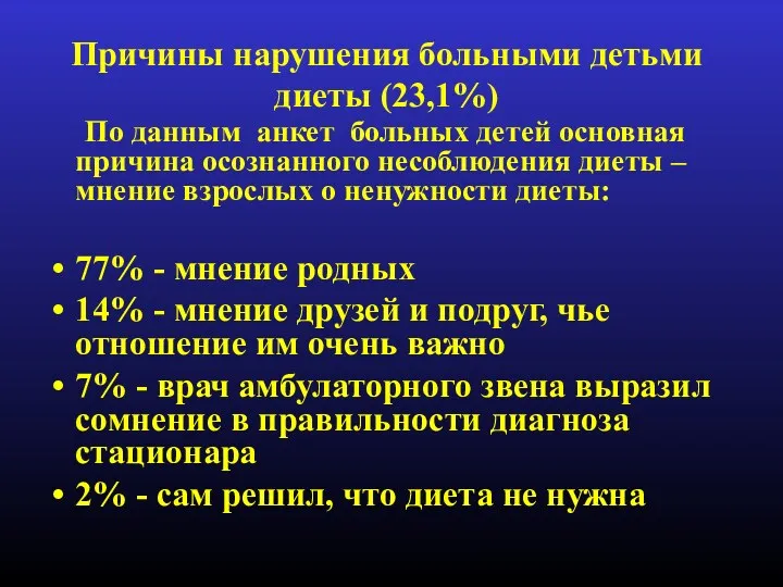 Причины нарушения больными детьми диеты (23,1%) По данным анкет больных