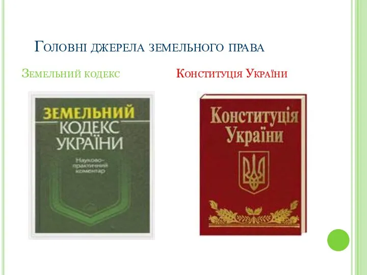 Головні джерела земельного права Земельний кодекс Конституція України