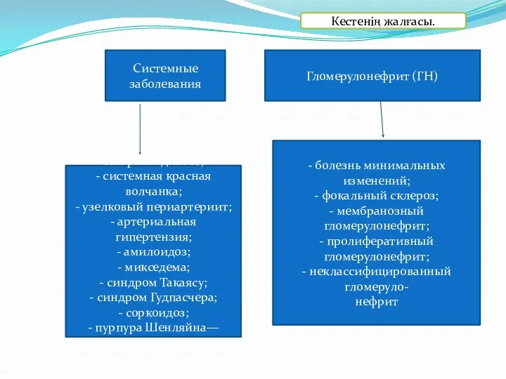 Системные заболевания Гломерулонефрит (ГН) сахарный диабет; - системная красная волчанка; - узелковый периартериит;