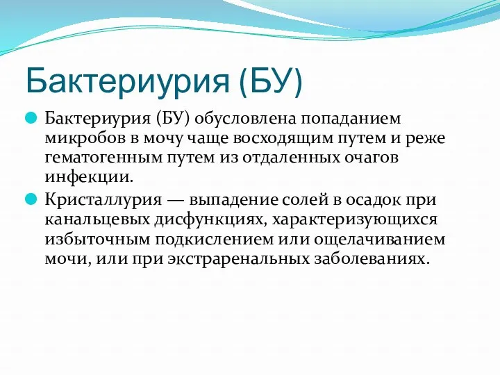 Бактериурия (БУ) Бактериурия (БУ) обусловлена попаданием микробов в мочу чаще восходящим путем и