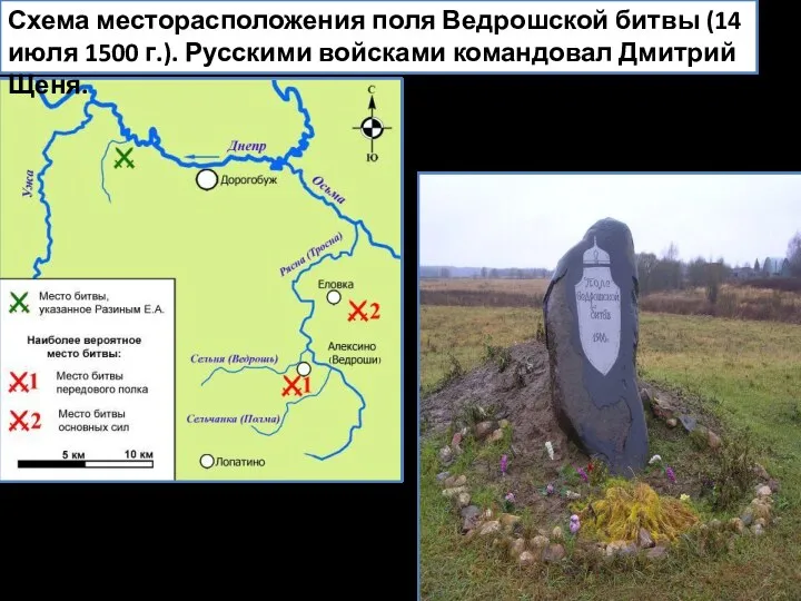 Схема месторасположения поля Ведрошской битвы (14 июля 1500 г.). Русскими войсками командовал Дмитрий Щеня.