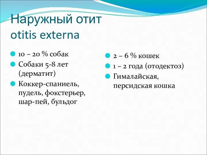 Наружный отит otitis externa 10 – 20 % собак Собаки