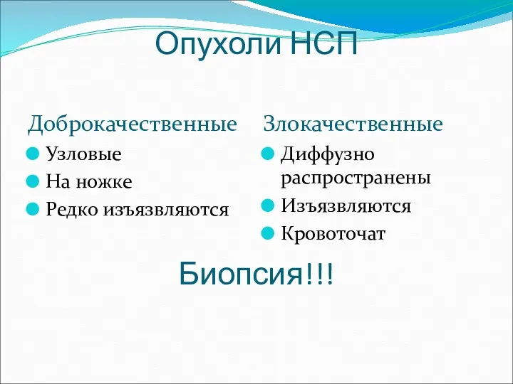 Опухоли НСП Биопсия!!! Доброкачественные Злокачественные Узловые На ножке Редко изъязвляются Диффузно распространены Изъязвляются Кровоточат