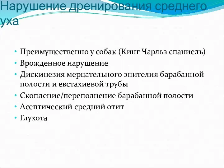 Нарушение дренирования среднего уха Преимущественно у собак (Кинг Чарльз спаниель)