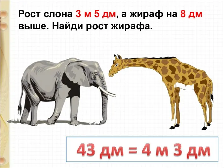 Рост слона 3 м 5 дм, а жираф на 8 дм выше. Найди рост жирафа.