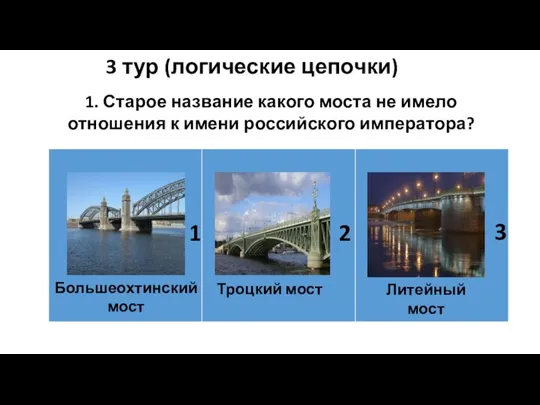 3 тур (логические цепочки) Большеохтинский мост Троцкий мост Литейный мост