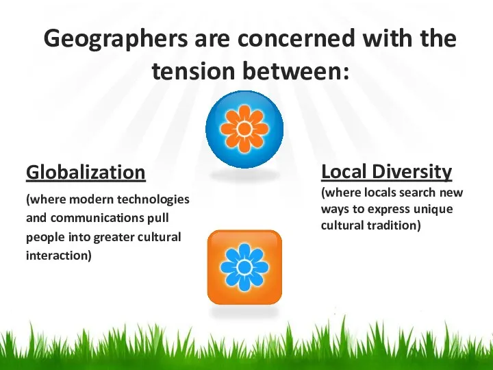 Globalization (where modern technologies and communications pull people into greater