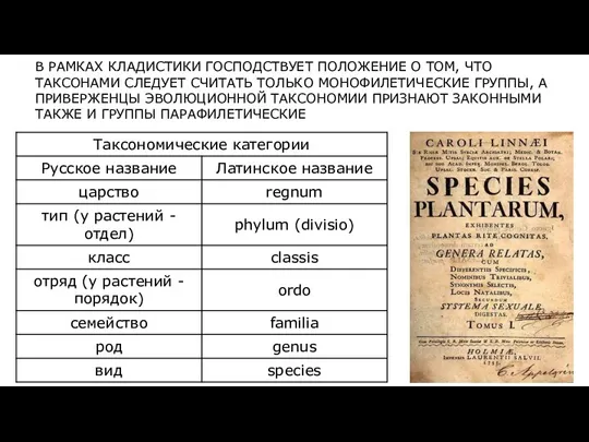 В РАМКАХ КЛАДИСТИКИ ГОСПОДСТВУЕТ ПОЛОЖЕНИЕ О ТОМ, ЧТО ТАКСОНАМИ СЛЕДУЕТ