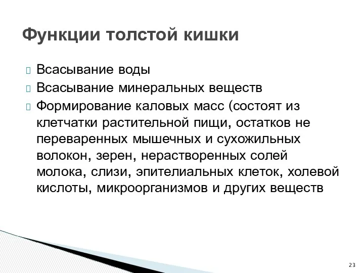 Всасывание воды Всасывание минеральных веществ Формирование каловых масс (состоят из