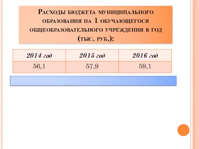 Расходы бюджета муниципального образования на 1 обучающегося общеобразовательного учреждения в год (тыс. руб.):
