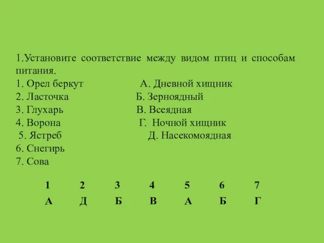 1.Установите соответствие между видом птиц и способам питания. 1. Орел