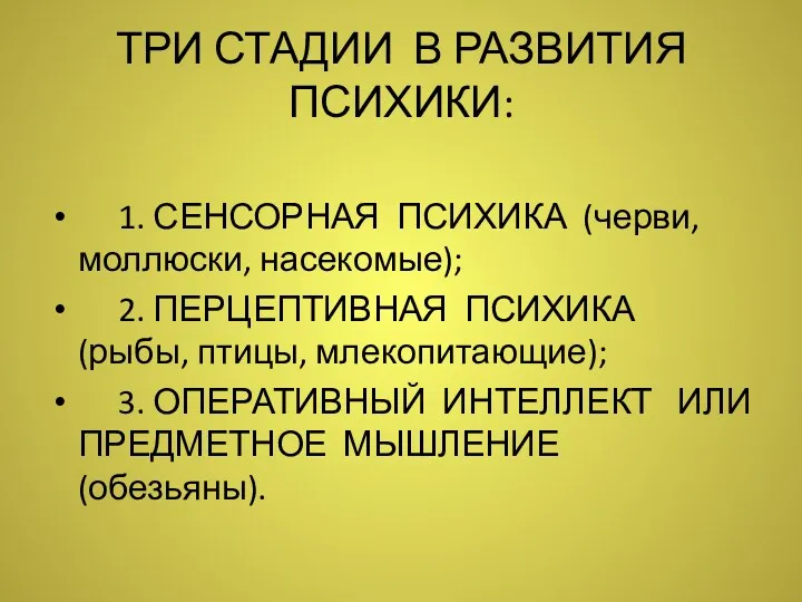 ТРИ СТАДИИ В РАЗВИТИЯ ПСИХИКИ: 1. СЕНСОРНАЯ ПСИХИКА (черви, моллюски,